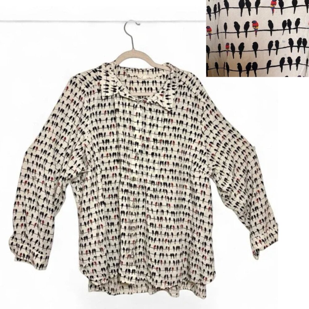 Jane And Delancey White Bird on a Wire Print Button Blouse Whimsical Twee 3X